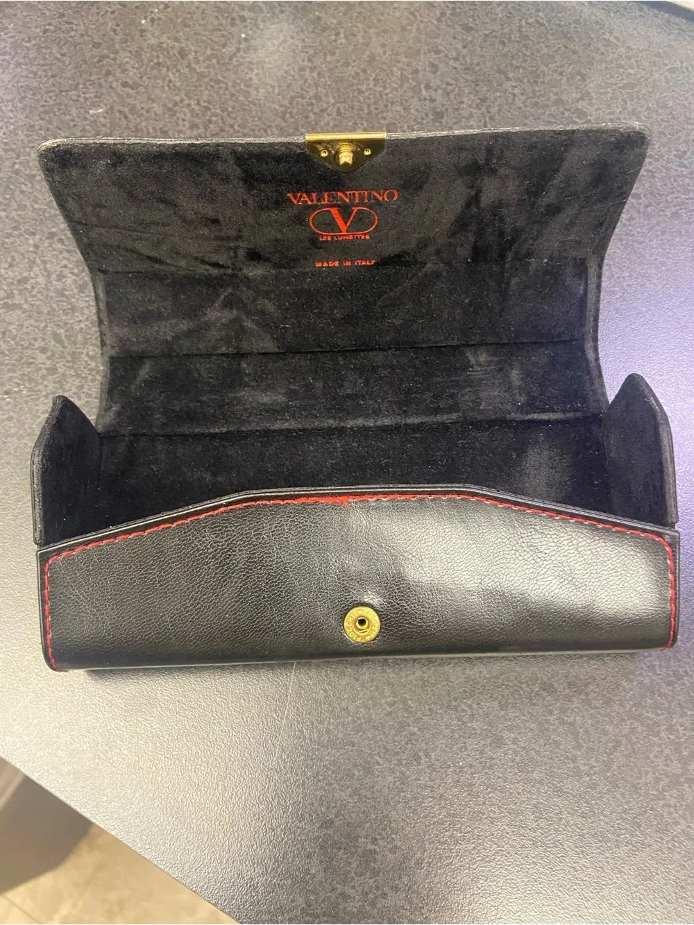Valentino Black Leather Sunglasses Case with Red Stitching and Gold Snap
